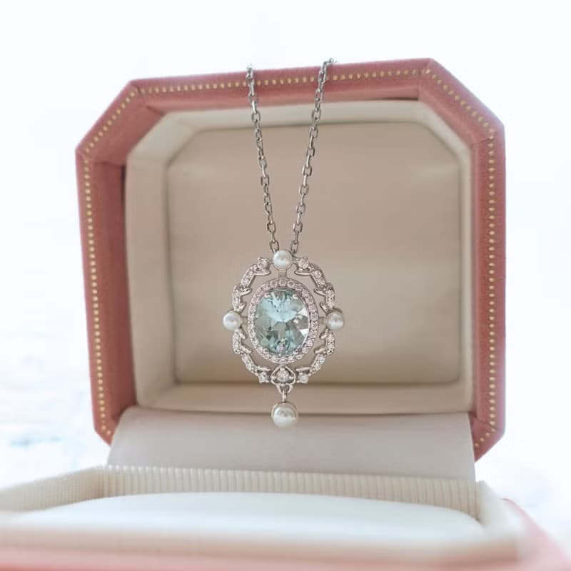 古典宮廷風設計 海水藍寶 晶體透徹 切工完美 純銀項鍊 禮物首選