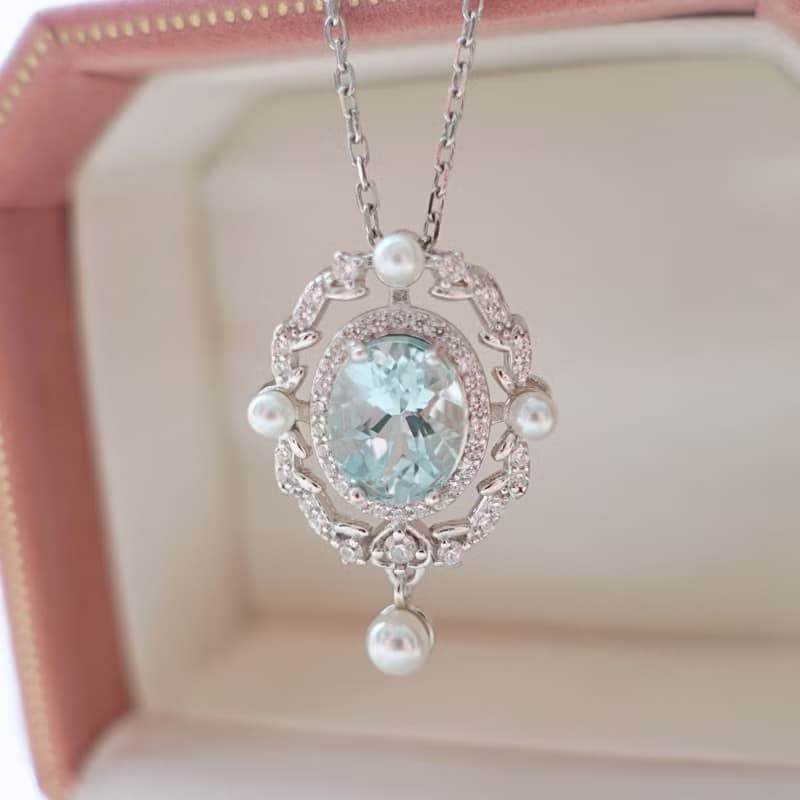 古典宮廷風設計 海水藍寶 晶體透徹 切工完美 純銀項鍊 禮物首選