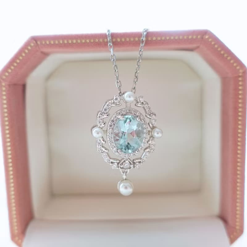 古典宮廷風設計 海水藍寶 晶體透徹 切工完美 純銀項鍊 禮物首選