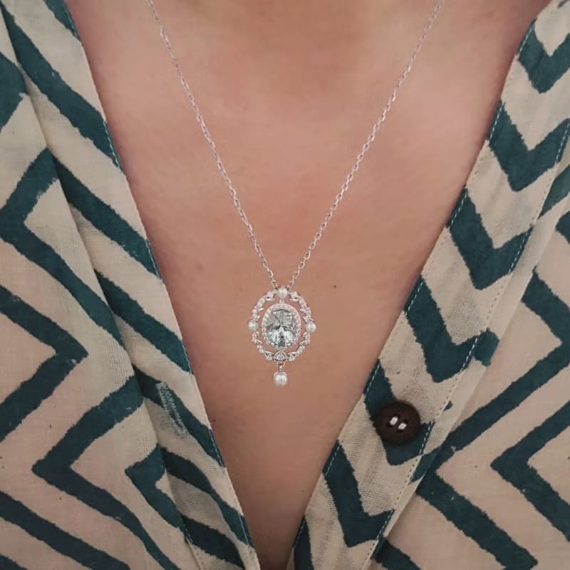 古典宮廷風設計 海水藍寶 晶體透徹 切工完美 純銀項鍊 禮物首選