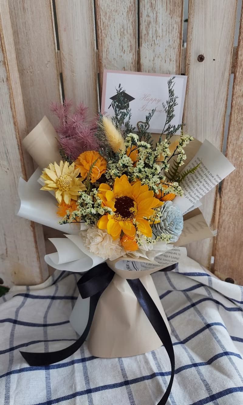 畢業向日葵提袋燈串花束 桌花 盆花 乾燥花 婚禮 禮物 情