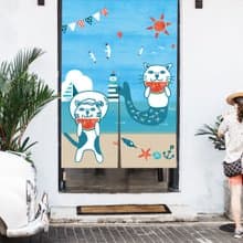 貓 門簾 海邊吃西瓜