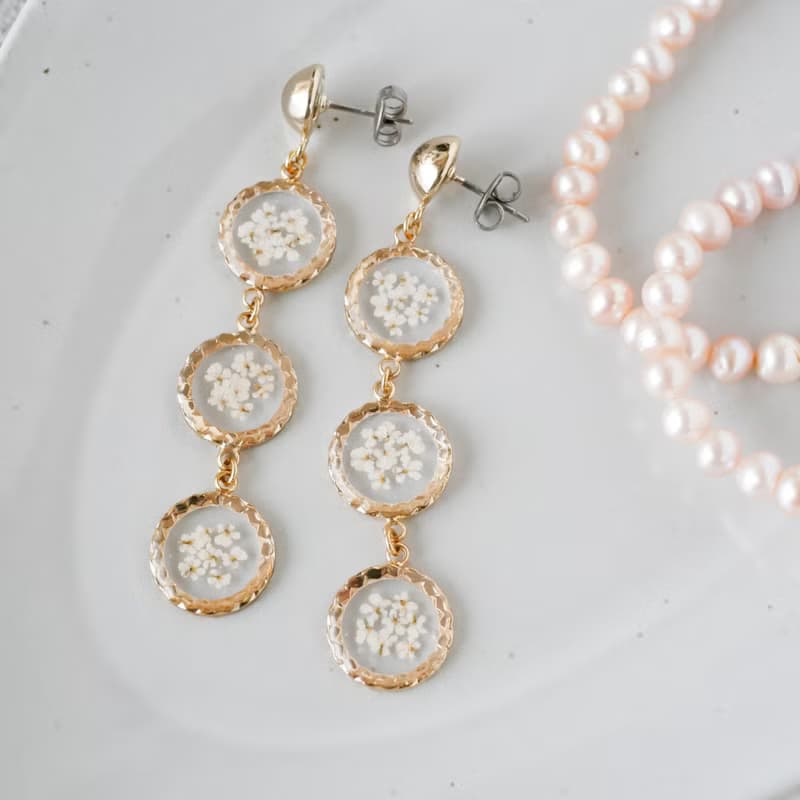 押し花3連/ロングピアス /P455