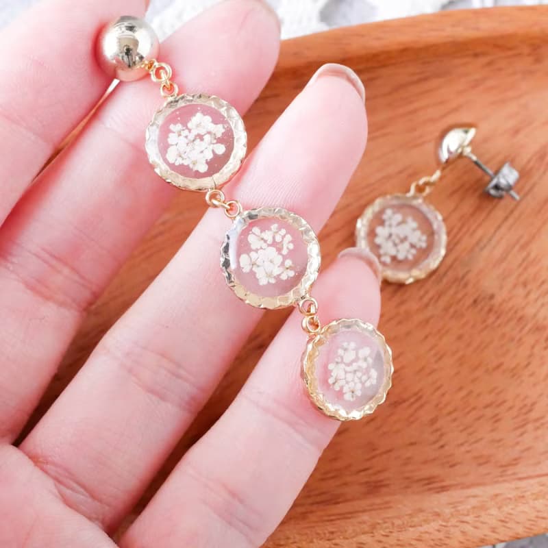 押し花3連/ロングピアス /P455