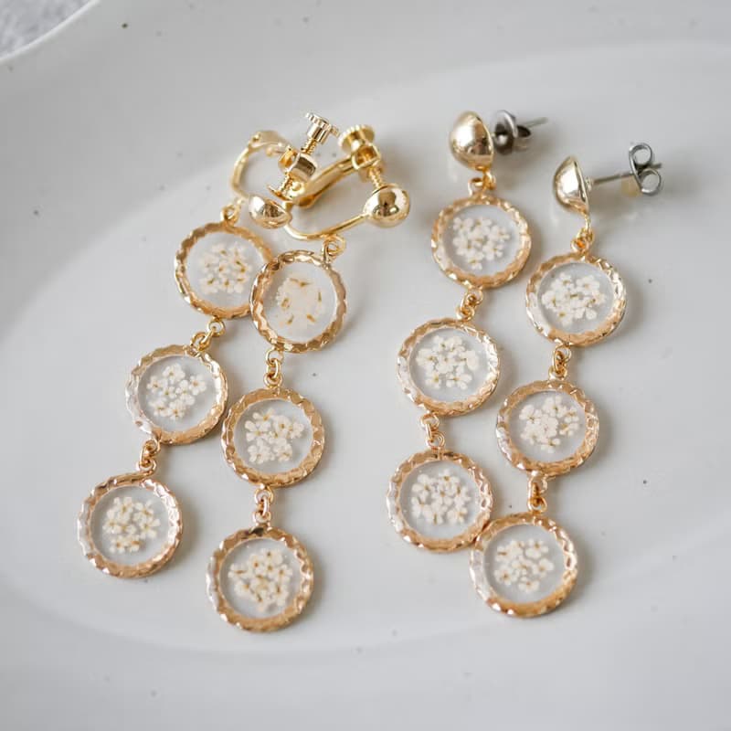 押し花3連/ロングピアス /P455
