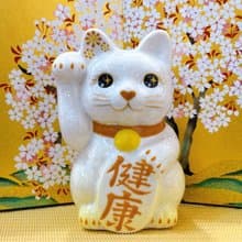 【黃瑞納壽】日本清水燒招財貓 | 花結晶 黃白 - 健康 右