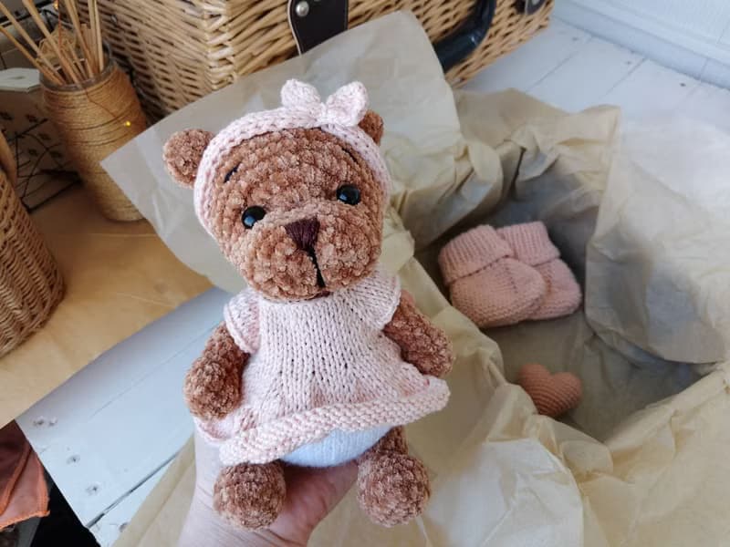 Teddy bear and booties baby gift for mom.Teddy bear in a pink dress pink shoes