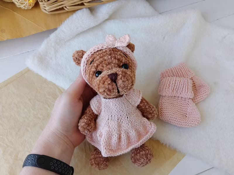 Teddy bear and booties baby gift for mom.Teddy bear in a pink dress pink shoes