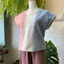 礦物泥染 春櫻粉藍條紋  法式短袖圓領上衣 純棉