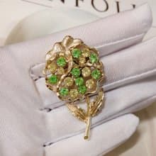 【西洋古董飾品】極閃黃綠系花卉 花束 捧花 漸層萊茵石 胸章胸針