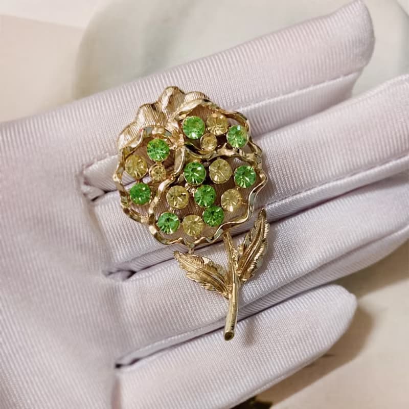 【西洋古董飾品】極閃黃綠系花卉 花束 捧花 漸層萊茵石 胸章胸針