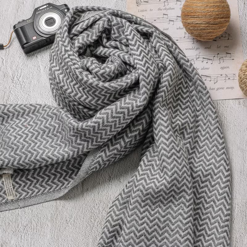 【厚款】喀什米爾羊毛圍巾/披肩  小山形原色無染深灰 手工機織