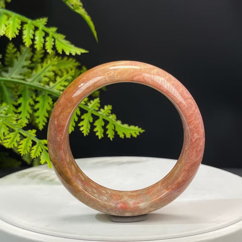 精美 橘粉珊瑚玉手鐲 50MM 高瓷玉化檸檬片鳳尾紋 招財吉祥雅致