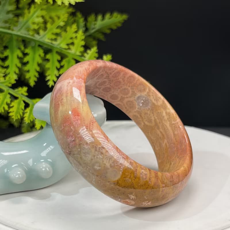 精美 橘粉珊瑚玉手鐲 50MM 高瓷玉化檸檬片鳳尾紋 招財吉祥雅致