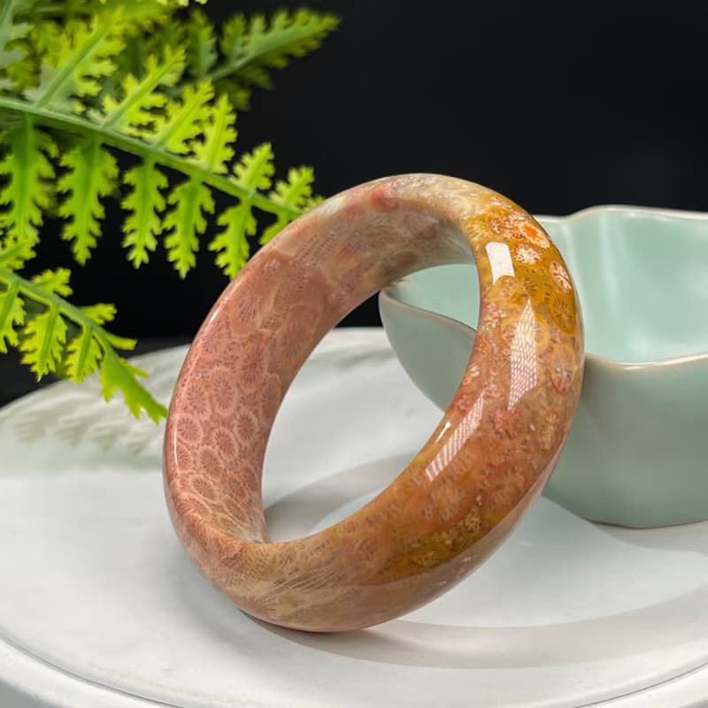 精美 橘粉珊瑚玉手鐲 50MM 高瓷玉化檸檬片鳳尾紋 招財吉祥雅致