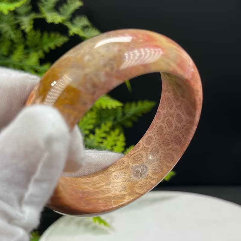 精美 橘粉珊瑚玉手鐲 50MM 高瓷玉化檸檬片鳳尾紋 招財吉祥雅致