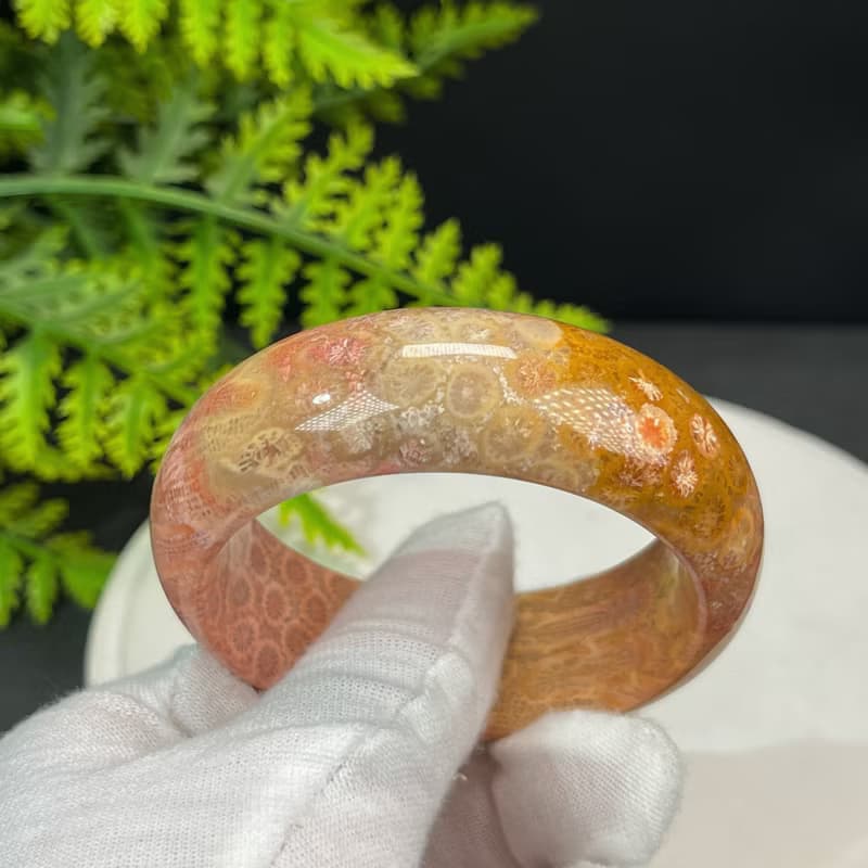 精美 橘粉珊瑚玉手鐲 50MM 高瓷玉化檸檬片鳳尾紋 招財吉祥雅致