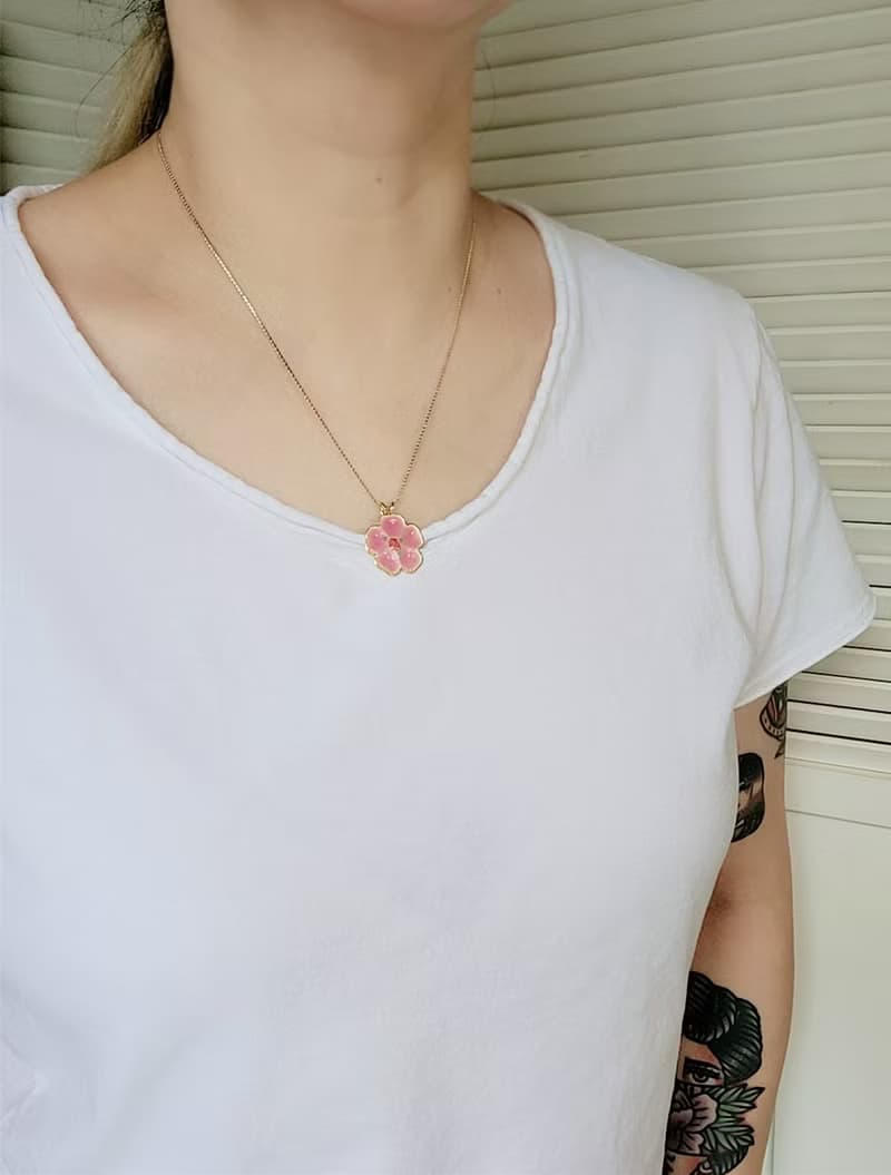 美國西洋古董飾品 / 粉櫻花琺瑯項鍊/針式耳環/含盒套組
