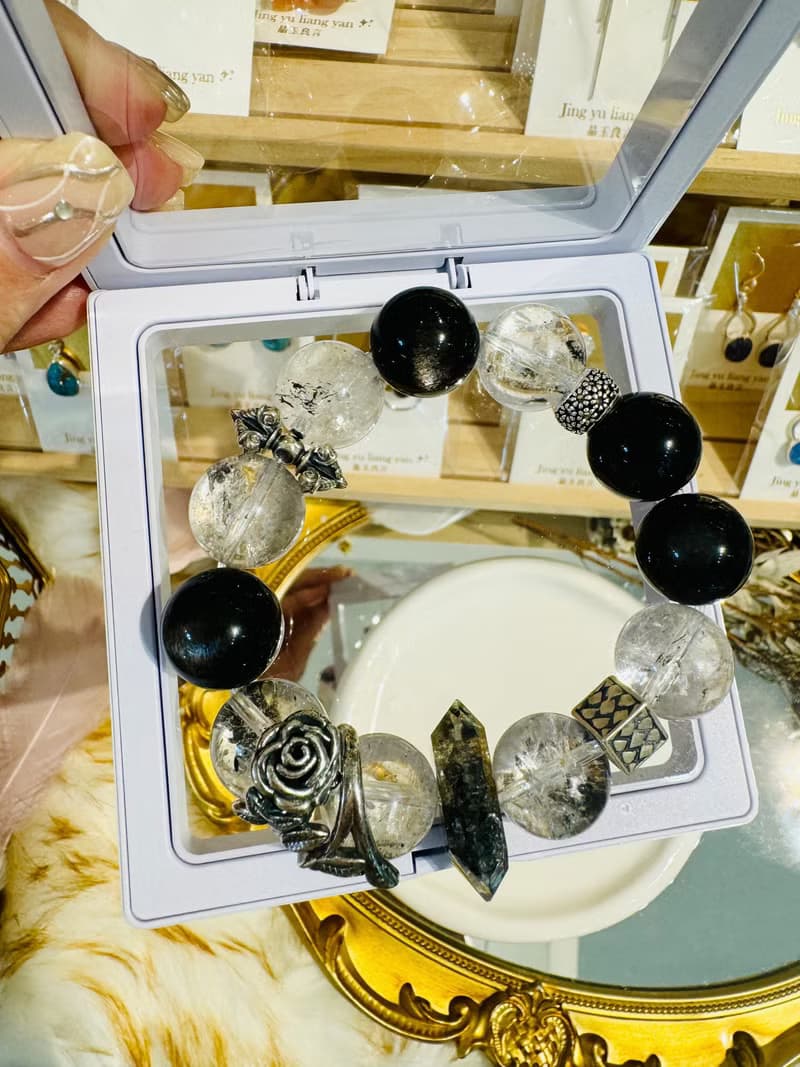 黑玫瑰銀耀石龐克風大珠閃靈設計款手水晶避邪防小人排除負面能量