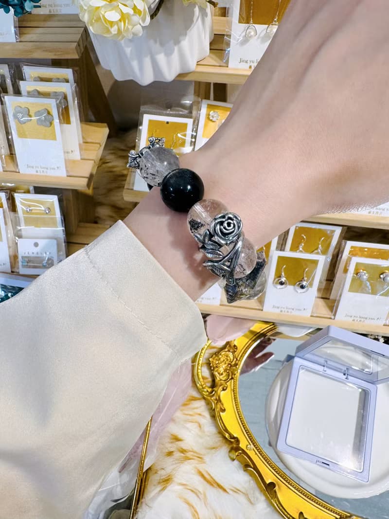 黑玫瑰銀耀石龐克風大珠閃靈設計款手水晶避邪防小人排除負面能量