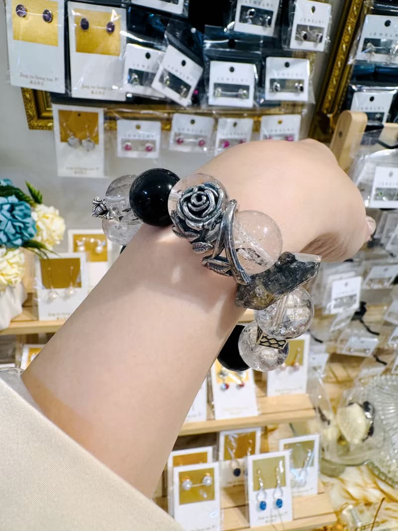 黑玫瑰銀耀石龐克風大珠閃靈設計款手水晶避邪防小人排除負面能量