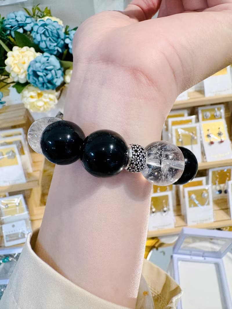 黑玫瑰銀耀石龐克風大珠閃靈設計款手水晶避邪防小人排除負面能量