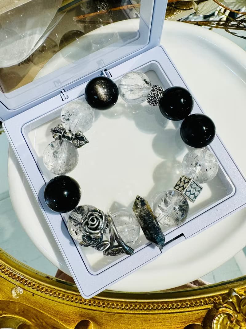 黑玫瑰銀耀石龐克風大珠閃靈設計款手水晶避邪防小人排除負面能量