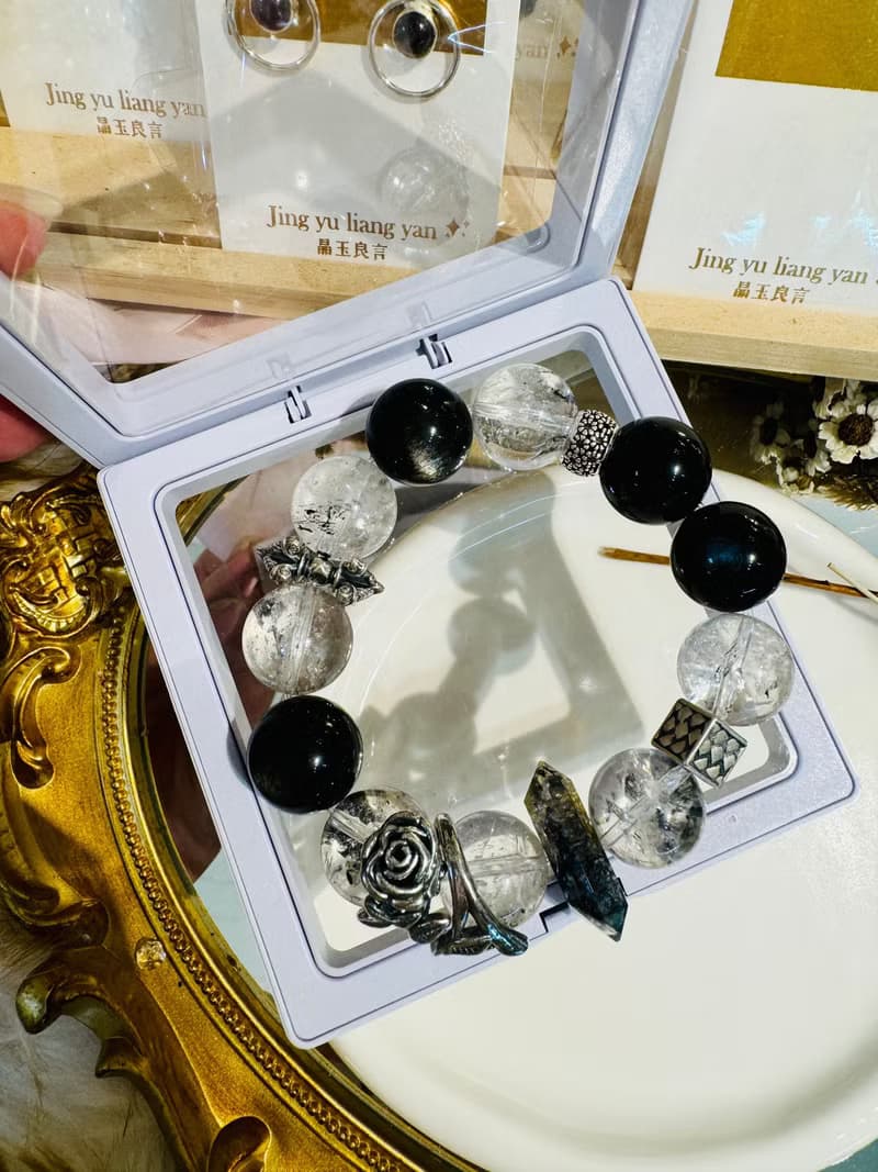 黑玫瑰銀耀石龐克風大珠閃靈設計款手水晶避邪防小人排除負面能量