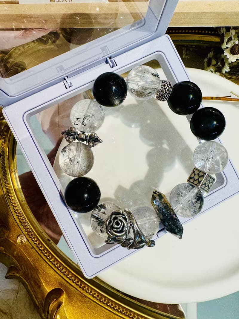 黑玫瑰銀耀石龐克風大珠閃靈設計款手水晶避邪防小人排除負面能量