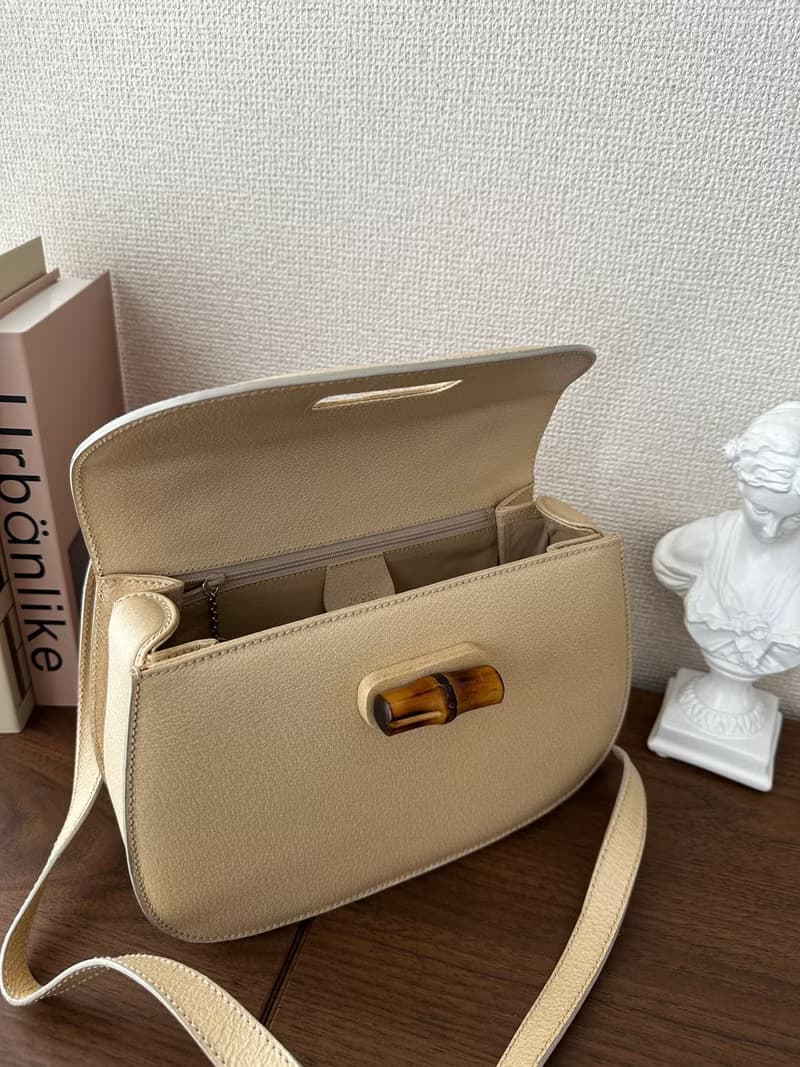 GUCCI 古馳 竹節杏仁奶色手袋