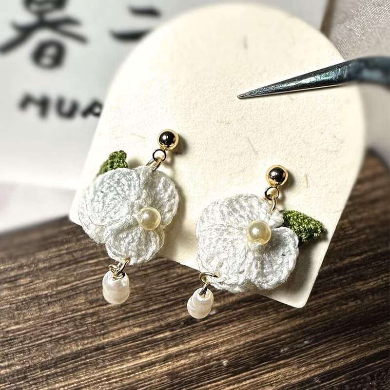 【原創手作】霜白綿語 耳環 耳針 耳夾 立體 鉤針 微鉤 花朵 花