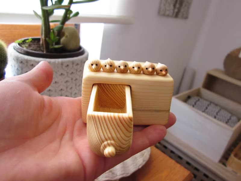 Miniature chest of drawers with flock of birds, Wood carving, Wood Sculpture, Wo