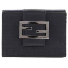 【日本直送】フェンディ FENDI ズッキーノ 二つ折り財布 FFプレート ナイロンキャンバス × レザー 黒 レディース【中古】