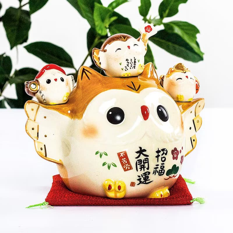 日本藥師窯瀨戶燒招福招財貓頭鷹擺件家庭美滿招財送禮日式禮物
