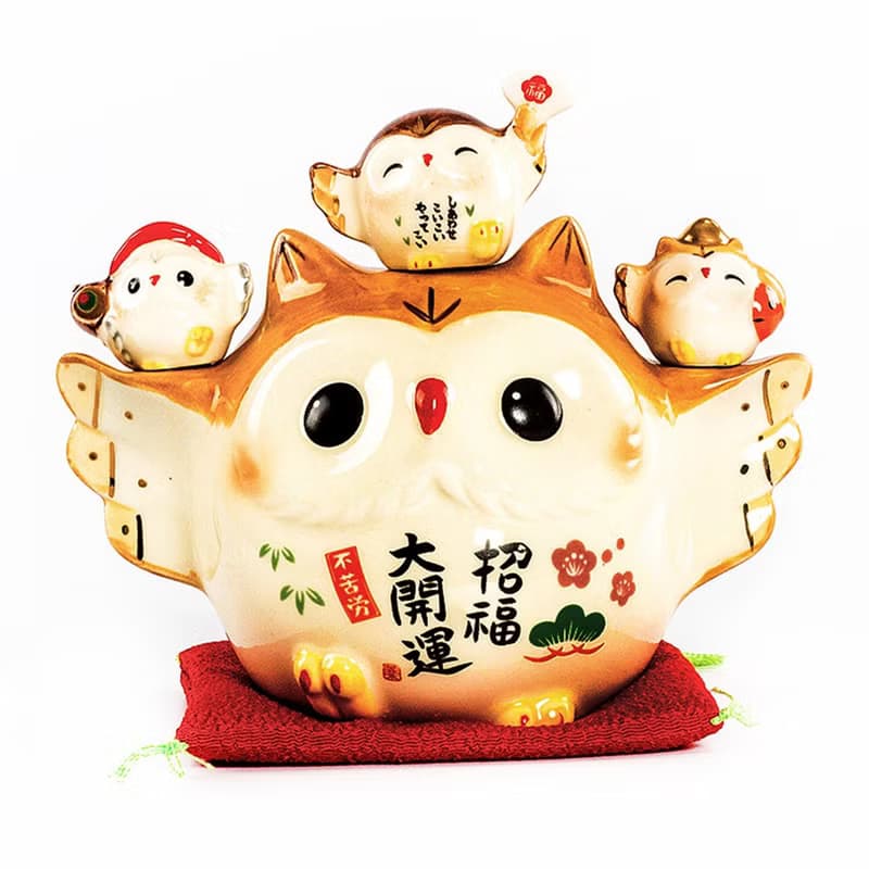 日本藥師窯瀨戶燒招福招財貓頭鷹擺件家庭美滿招財送禮日式禮物
