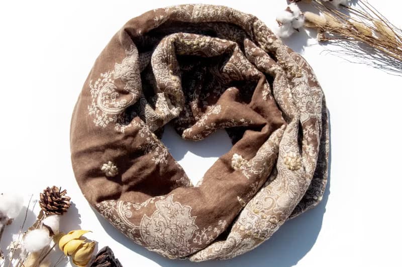 喀什米爾Cashmere/水煮羊毛披肩/針織圍巾/刺繡圍巾/羊絨披巾-花