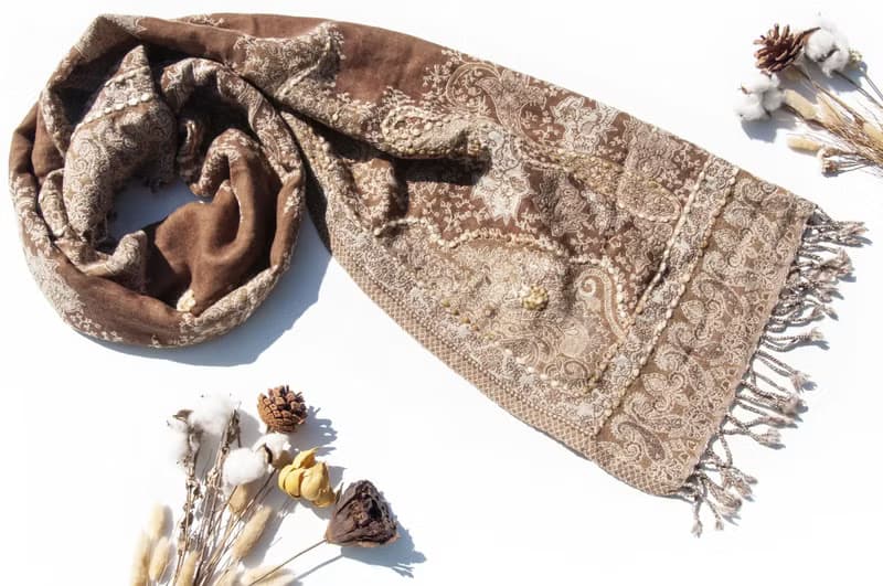 喀什米爾Cashmere/水煮羊毛披肩/針織圍巾/刺繡圍巾/羊絨披巾-花