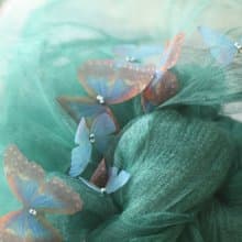 蝴蝶紗片+深淺色皺褶桑蠶絲薄紗雙層圍巾 寶石綠 Scarf