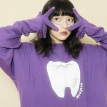 Meugler牛稠島【一緒晚飯】牙齒魔法手套雙層破洞紫毛衣