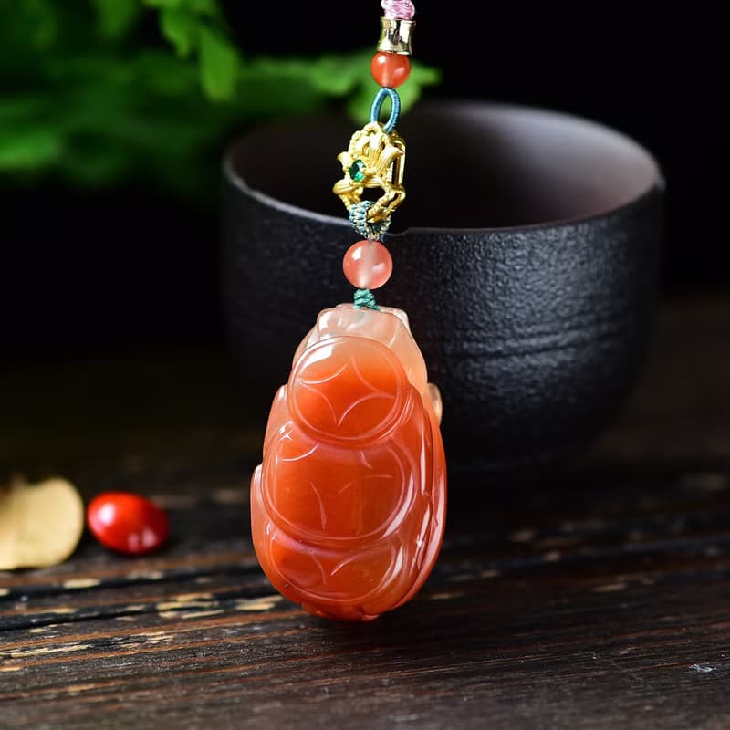 極品天然紅兔毛紅水晶貔貅吊墜 雕工精美 配手工編織吊繩