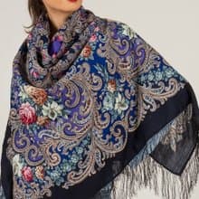 Pavlovo Posad Russian Shawl 100% Wool Scarf 125x125 cm Wrap Silk Fringe 1437-14