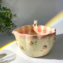 Adorable pink flower and cat Handmade ceramic chawan matcha bowl