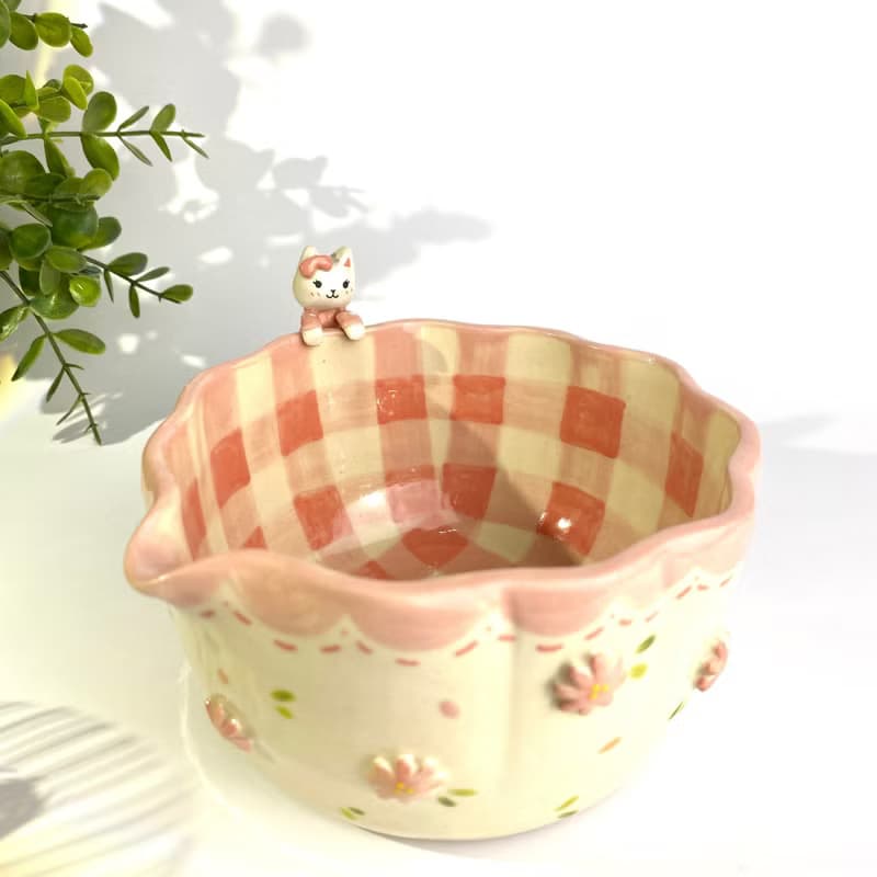 Adorable pink flower and cat Handmade ceramic chawan matcha bowl