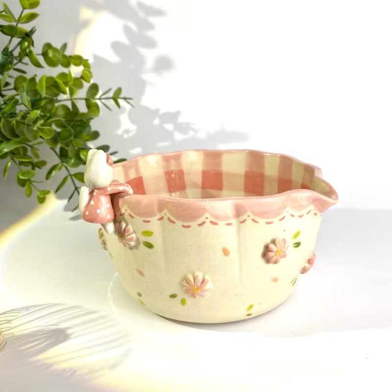 Adorable pink flower and cat Handmade ceramic chawan matcha bowl