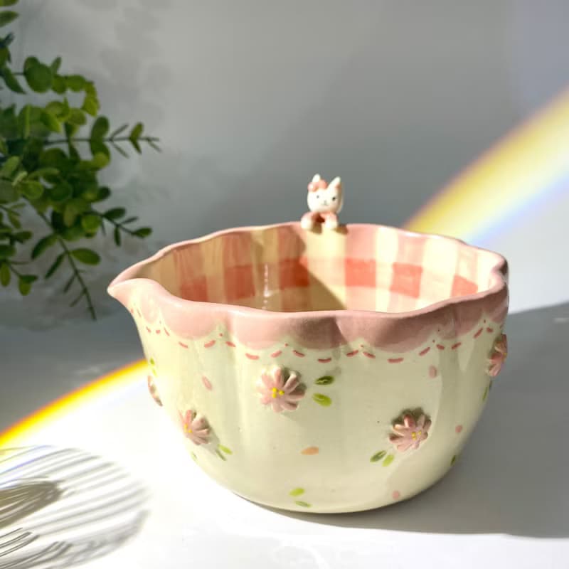 Adorable pink flower and cat Handmade ceramic chawan matcha bowl