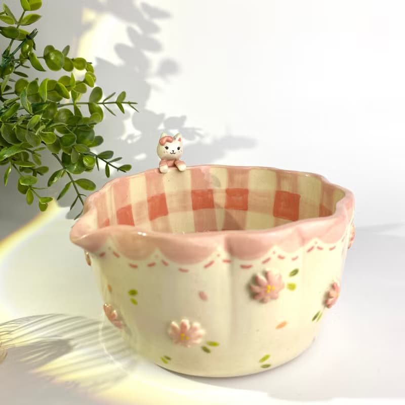 Adorable pink flower and cat Handmade ceramic chawan matcha bowl