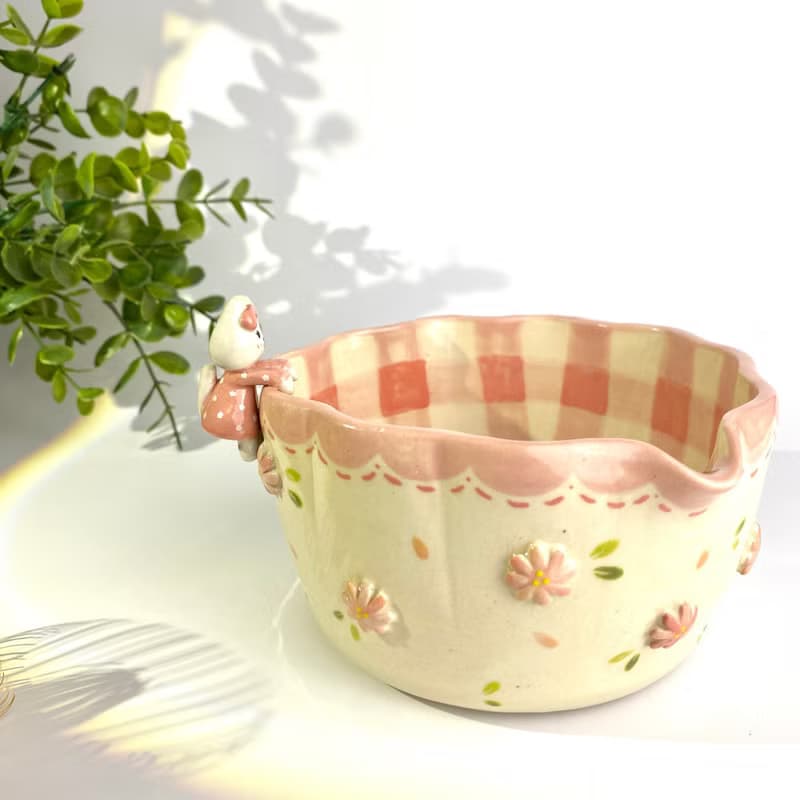 Adorable pink flower and cat Handmade ceramic chawan matcha bowl