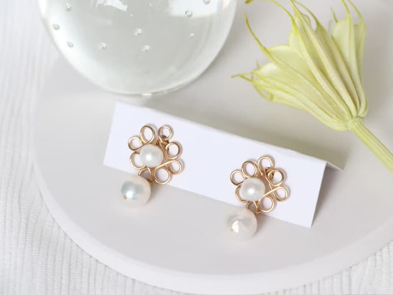 14kgf-flower motif pearl pierced earrings/can change to clip-on