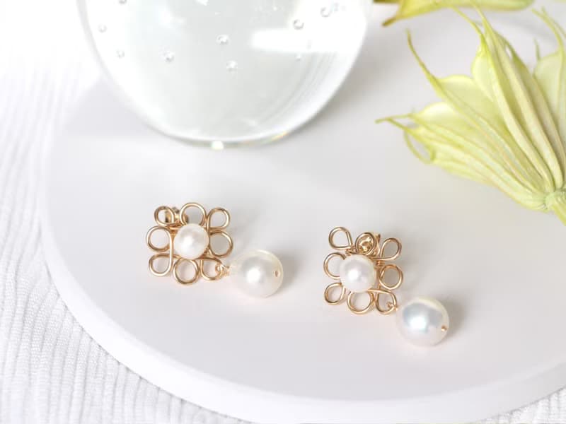 14kgf-flower motif pearl pierced earrings/can change to clip-on