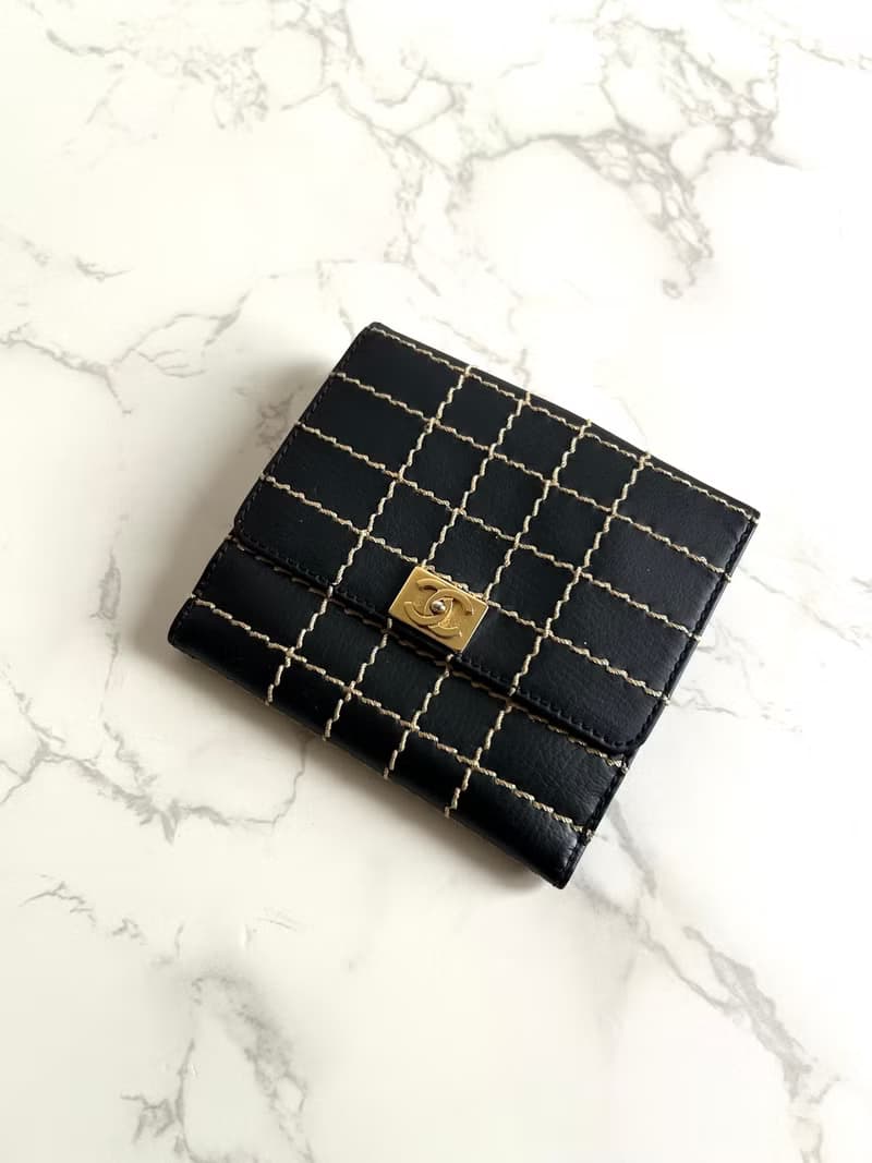 稀有中古二手Chanel黑色外縫線金扣皮革短夾銀包錢包中古包古董包